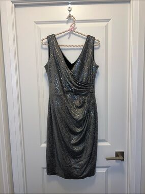 Betsy & Adam Metallic Silver Sequin Draped Midi Dress